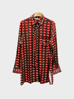 Wales Bonner Wales Bonner Shirt, Multi, Melody Oversized Collared Button Up Jacquard Shirt In Brown Red & White w/ Bow Tie