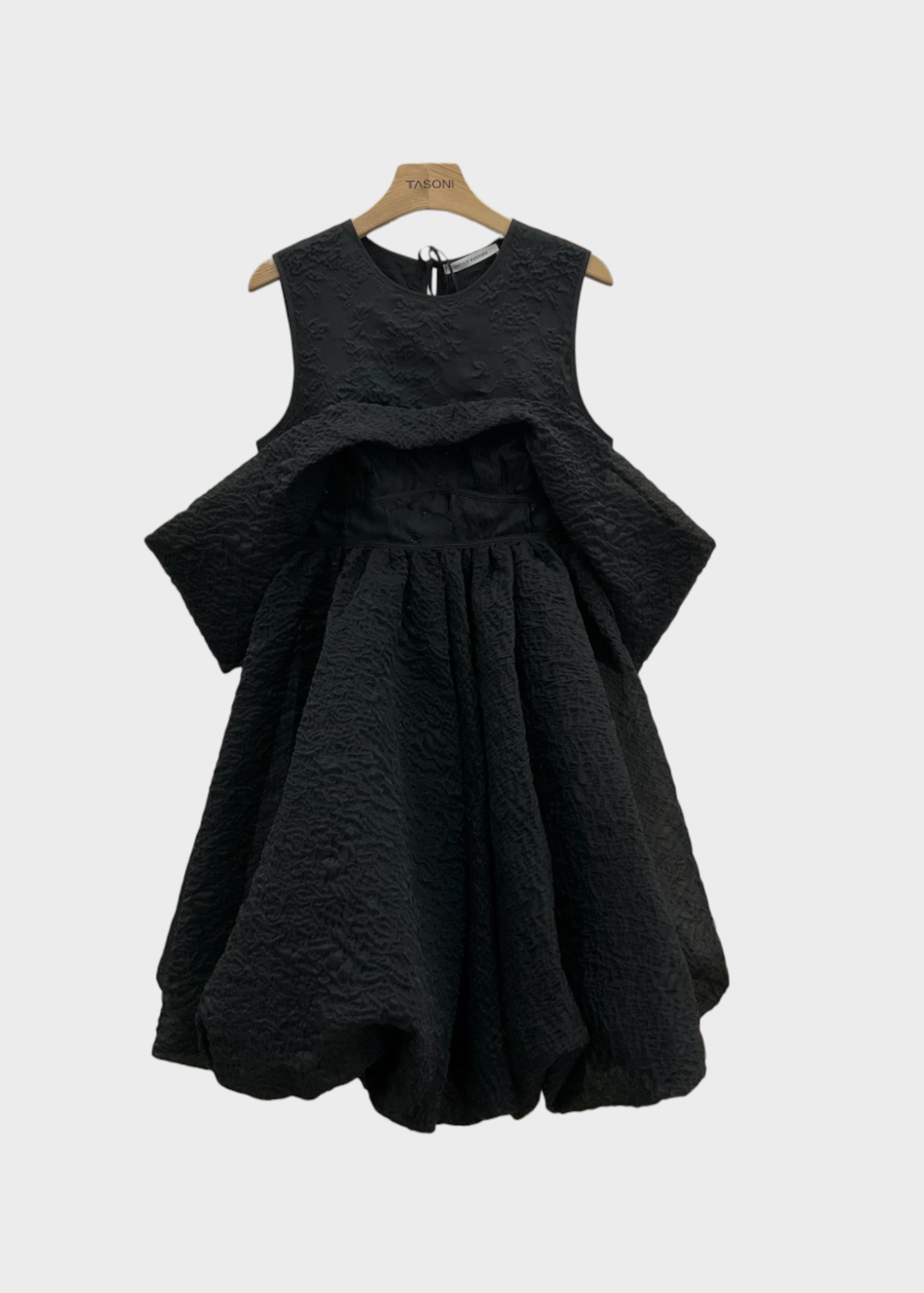 Cecilie Bahnsen Cecilie Bahnsen Dress, Black, Urania Crew Neck Sleeveless Balloon Skirt Mini Dress w/ Off Shoulders Drape