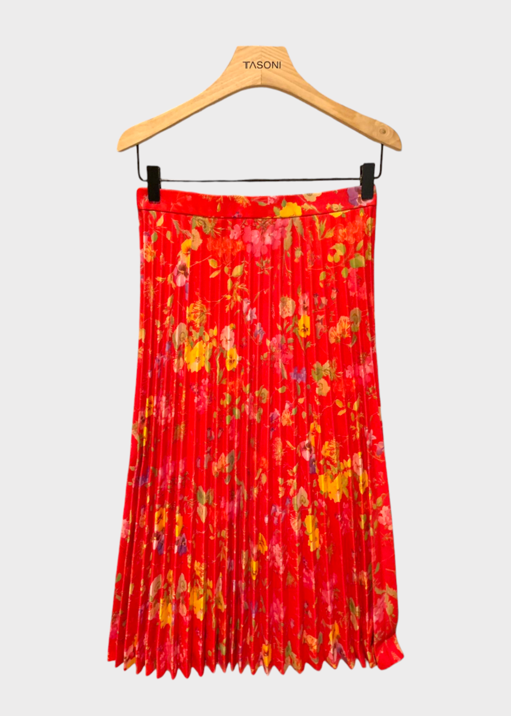 Balenciaga Balenciaga Skirt, Print, Leather High Waisted Pleated Midi Skirt in Red w/ Flower Print