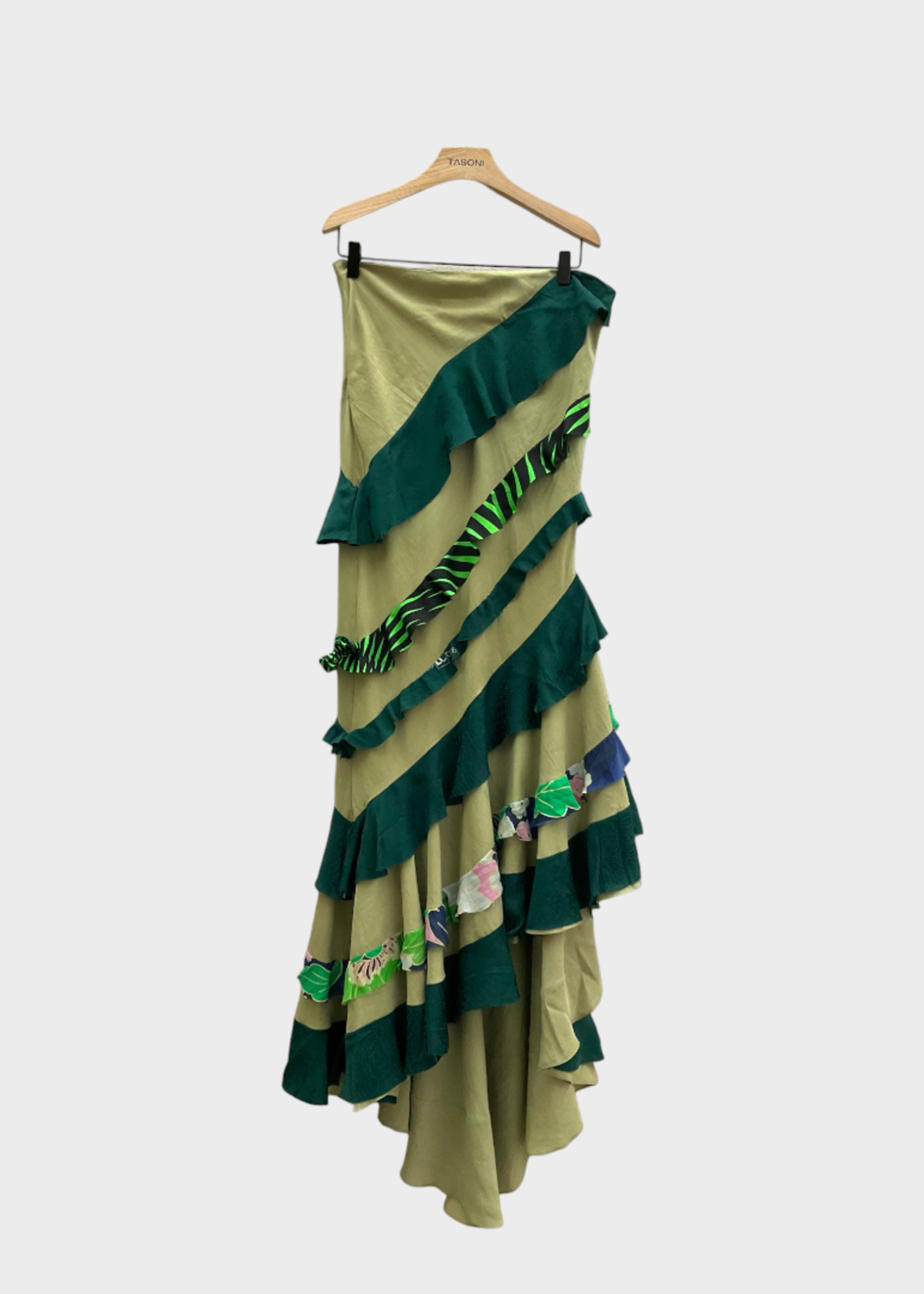 Conner Ives Conner Ives Skirt, Multi, Reconstituted Demi Couture Scarf Flounce Skirt in Green