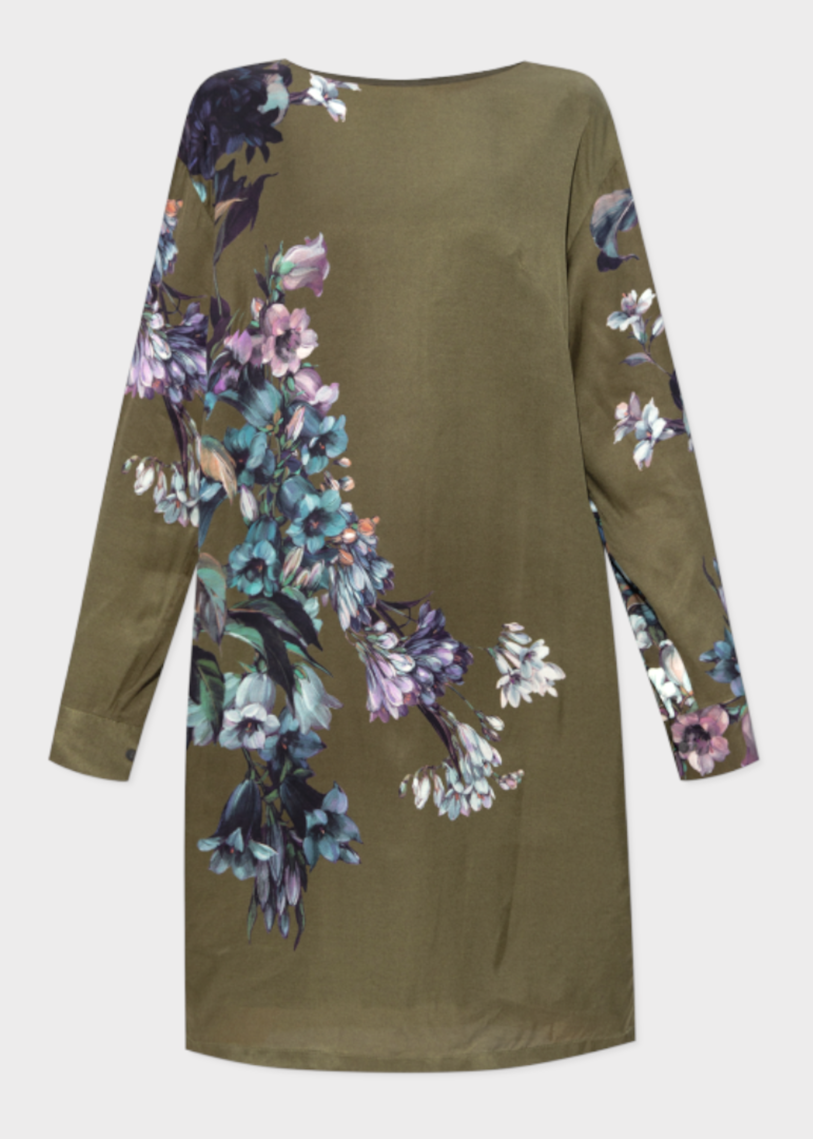 Dries Van Noten Dries Van Noten Dress, Print, Duzco Crew Neck Long Sleeve Midi Dress In Khaki w/ Flower Print