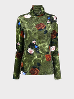 Dries Van Noten Dries Van Noten Top, Print, Heyser Velvet Slim Fit Turtle Neck Jersey Top In Khaki w/ Roses Print