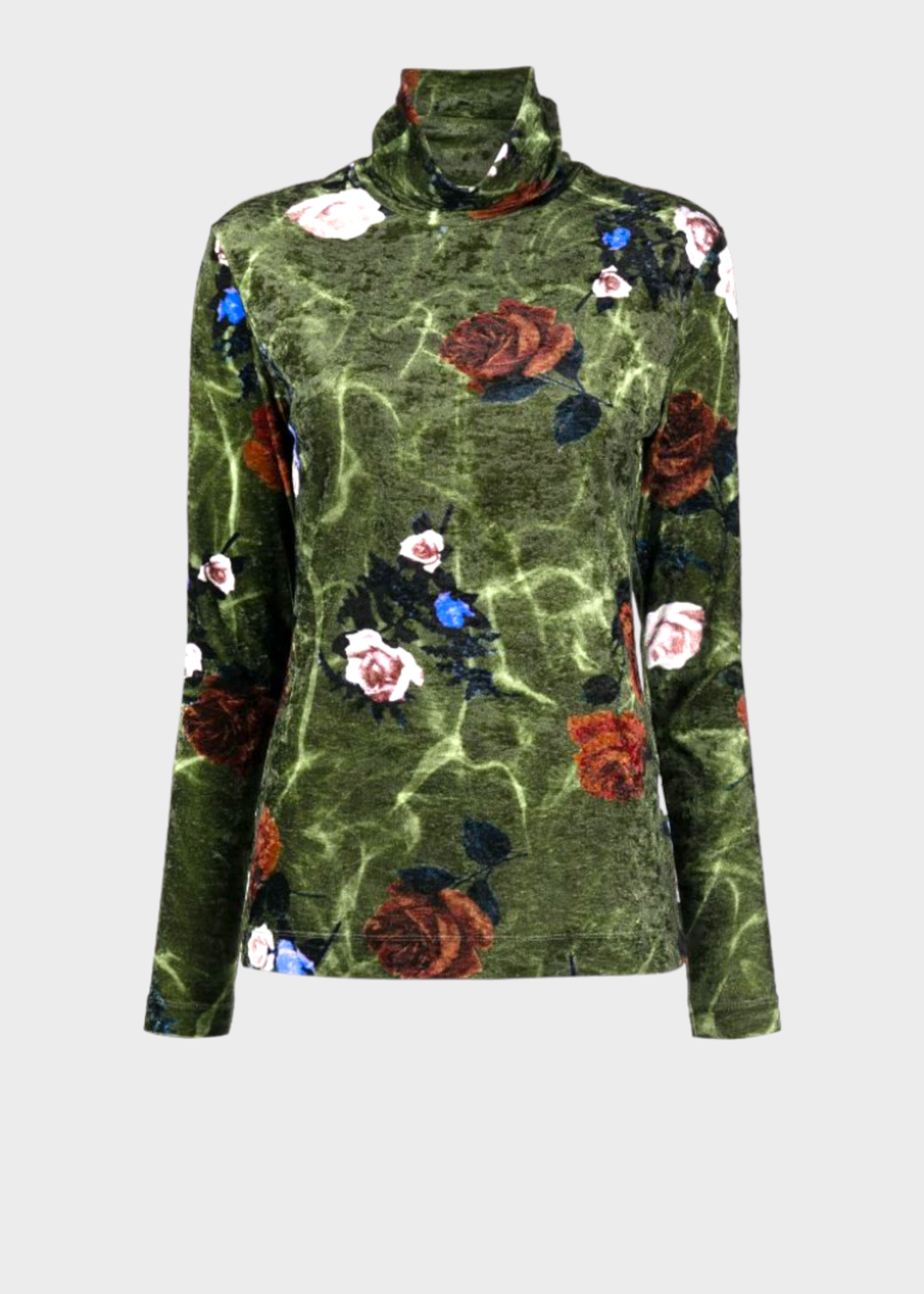 Dries Van Noten Dries Van Noten Top, Print, Heyser Velvet Slim Fit Turtle Neck Jersey Top In Khaki w/ Roses Print