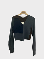 Dries Van Noten Dries Van Noten Knitwear, Multi, Tessa Merino Wool Asymmetric V-Neck Cropped Sweater In Anthracite Grey w/ Ribbed Patchwork