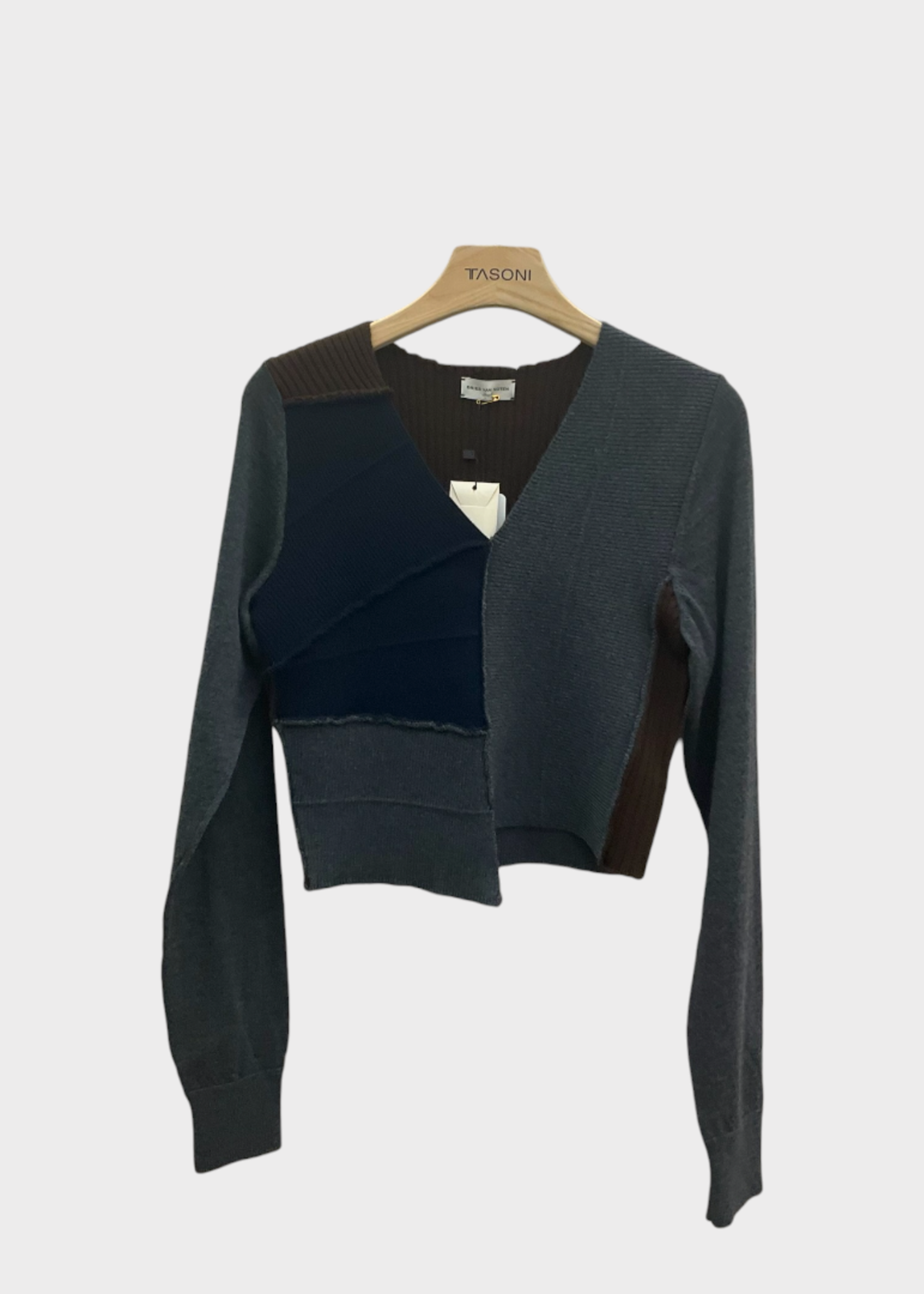 Dries Van Noten Dries Van Noten Knitwear, Multi, Tessa Merino Wool Asymmetric V-Neck Cropped Sweater In Anthracite Grey w/ Ribbed Patchwork