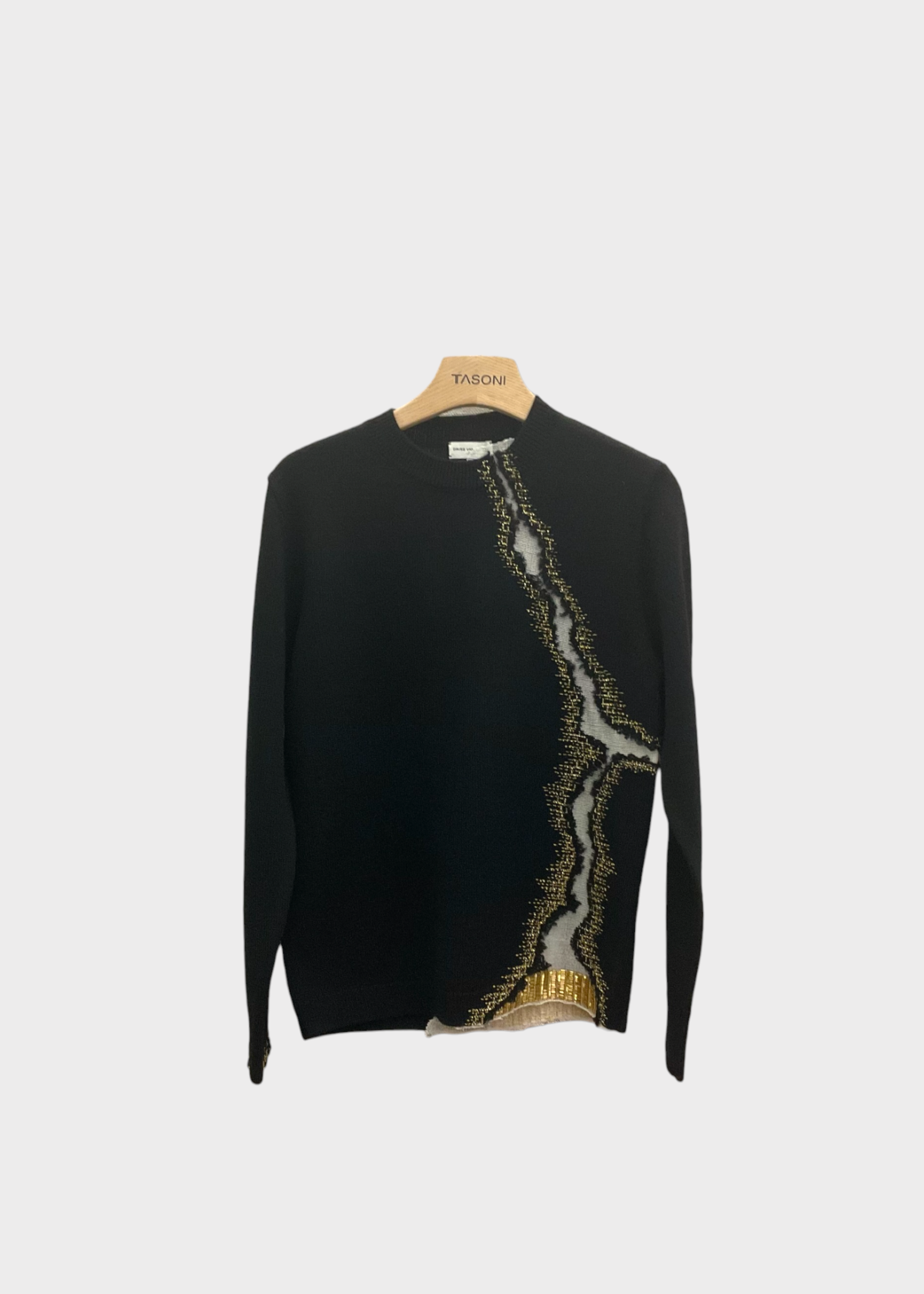 Dries Van Noten Dries Van Noten Knitwear, Multi, Touraya Wool Crew Neck Sweater In Black w/ Gold Embroidery
