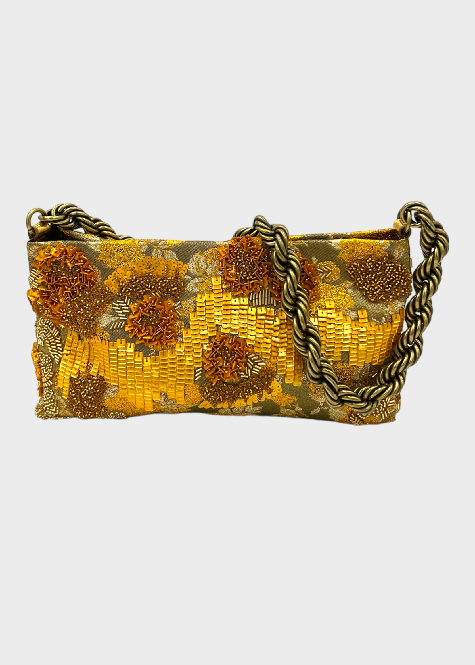 Dries Van Noten Dries Van Noten Bag, Gold, Zipped Embroidered Shoulder Bag In Gold w/ Twisted Chain Strap