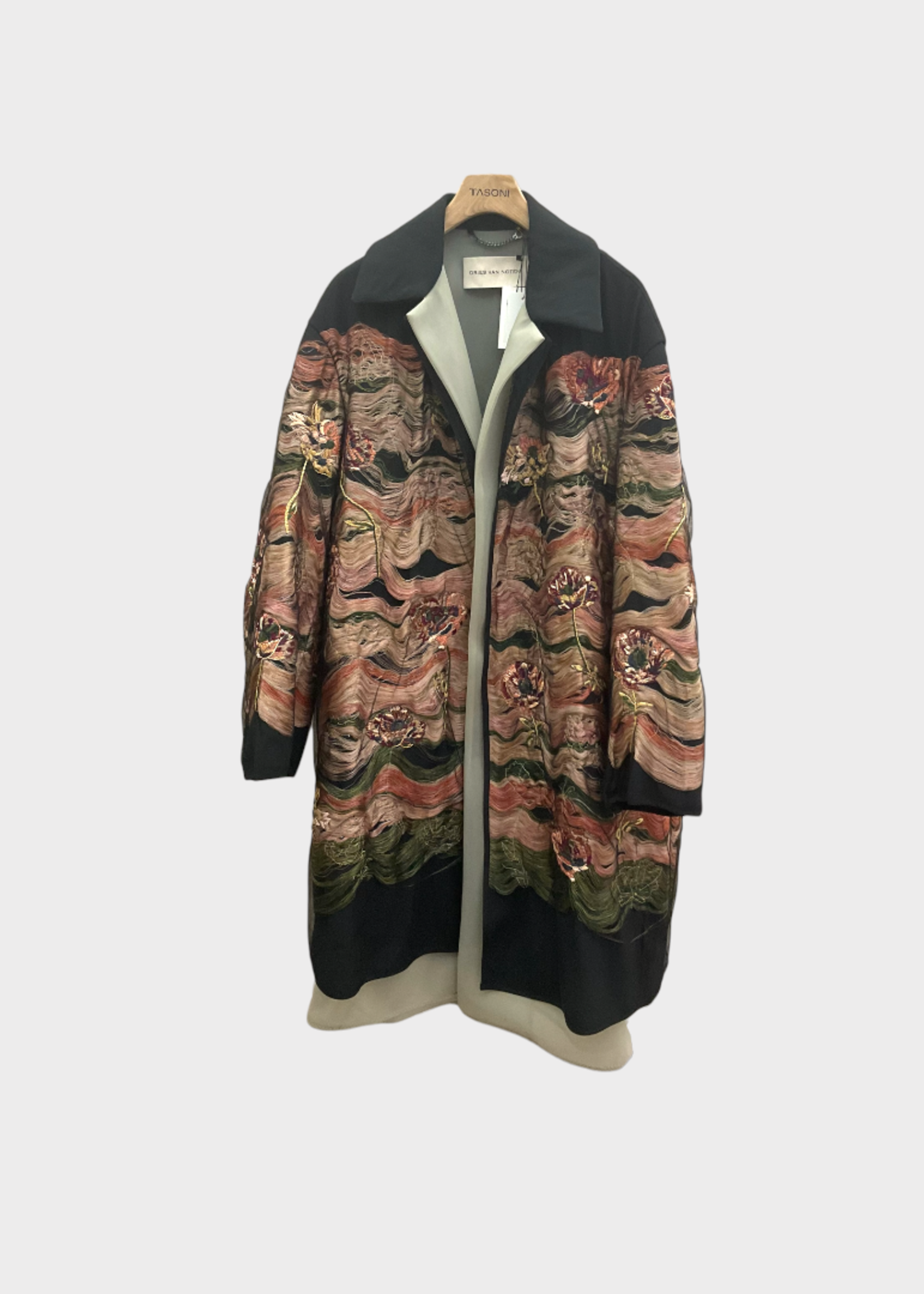 Dries Van Noten Dries Van Noten Coat, Black, Rick Collared Wide Long Coat In Black w/ Pink & Green Embroidery