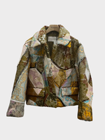 Dries Van Noten Dries Van Noten Jacket, Multi, Vondi Collared Dropped Jacquard Embroidered Jacket In Metalized Green w/ Patches