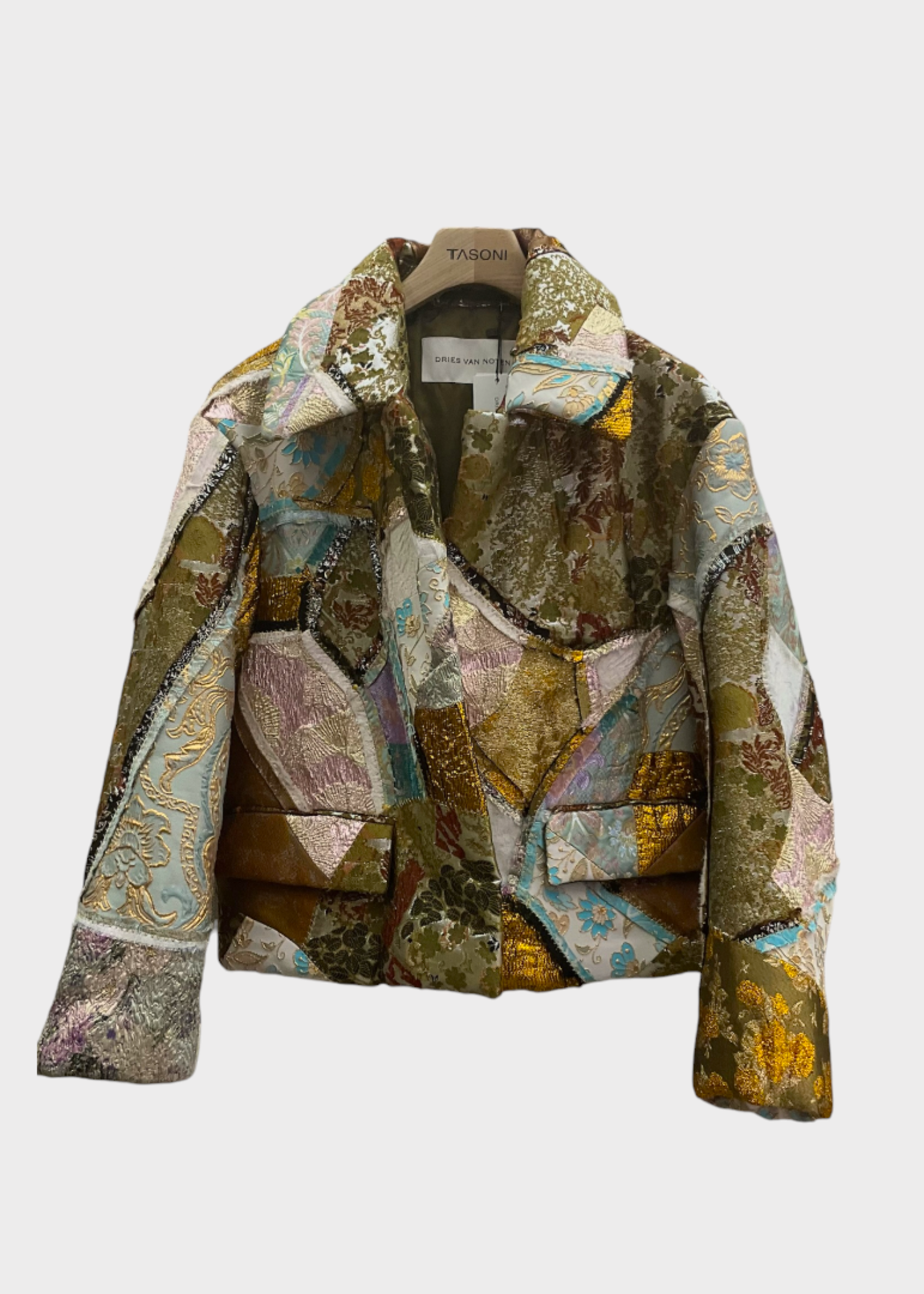 Dries Van Noten Dries Van Noten Jacket, Multi, Vondi Collared Dropped Jacquard Embroidered Jacket In Metalized Green w/ Patches