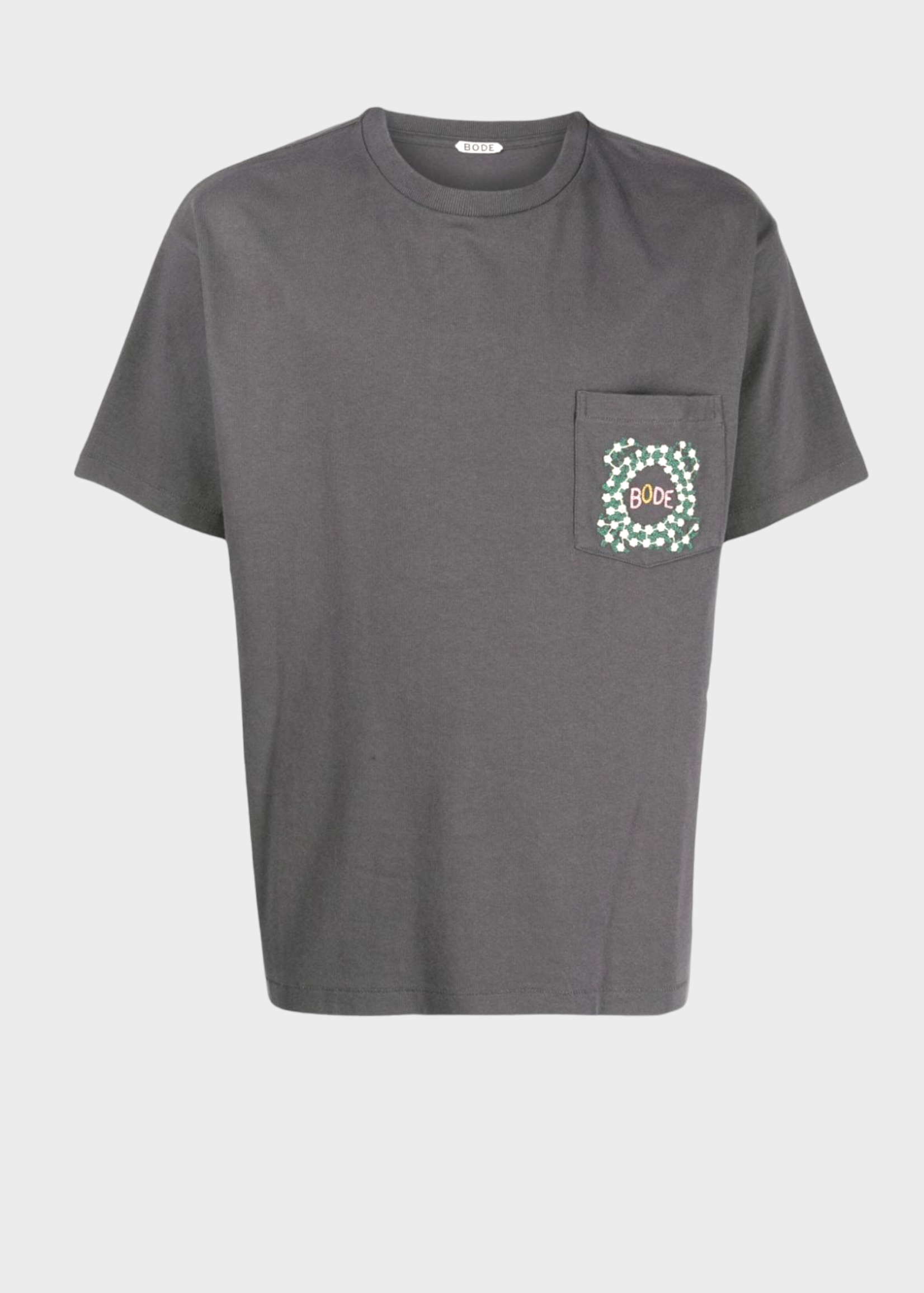 Bode Bode T-Shirt, Grey, Cotton Daisy Never Tell Pocket Embroidery Tee in Charcoal