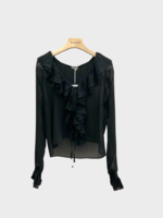 Bode Bode Shirt, Black, Silk Transparent Collared Ruffled Lightweight Blouse