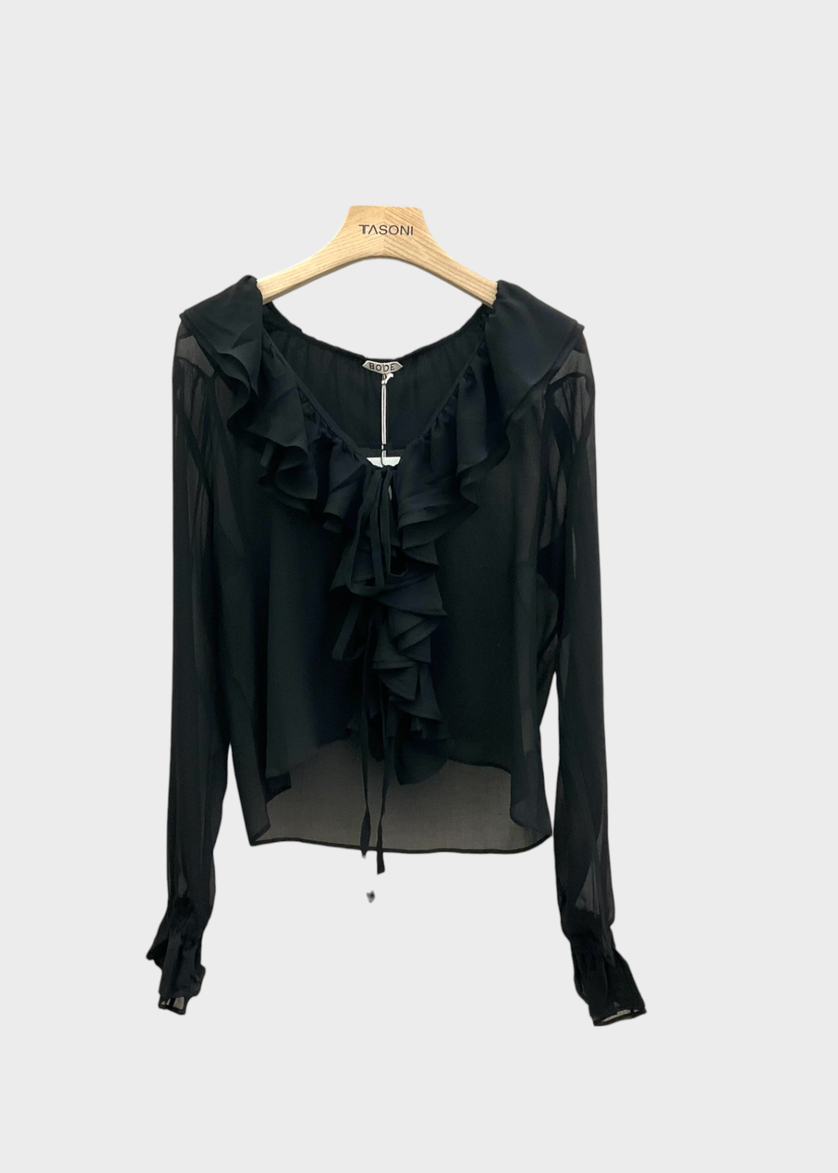 Bode Bode Shirt, Black, Silk Transparent Collared Ruffled Lightweight Blouse