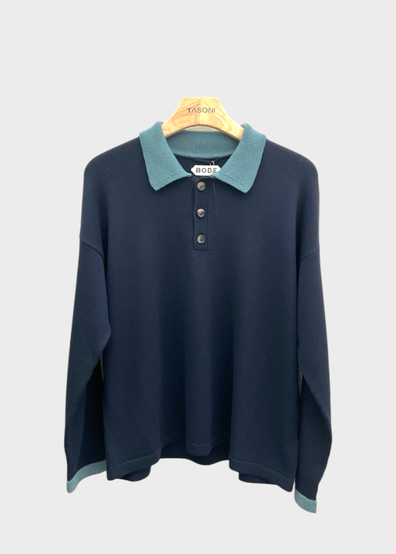 Bode Bode Knitwear, Blue, Duotone Merino Wool Crepe Polo Knit Sweater