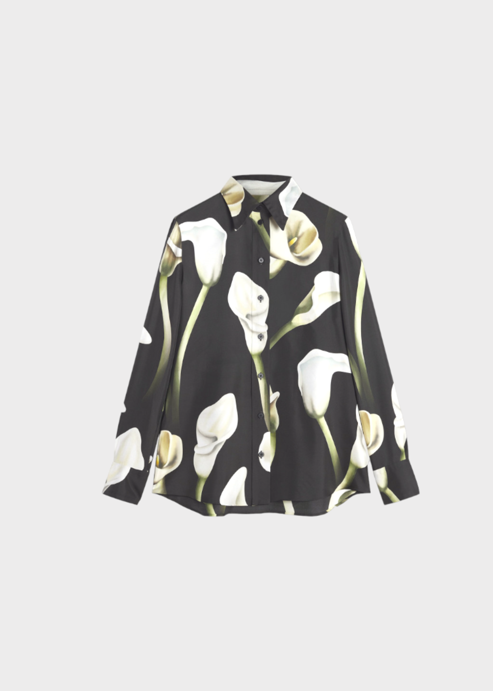 Lanvin Lanvin Shirt, Print, Silk  Regular Fit Collared Button Up Shirt In Black w/ Lilies Print