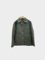 Kassl Kassl Jacket, Green, Collared Button Up Long Padded Taffeta Jacket In Dark Green w/ Pockets