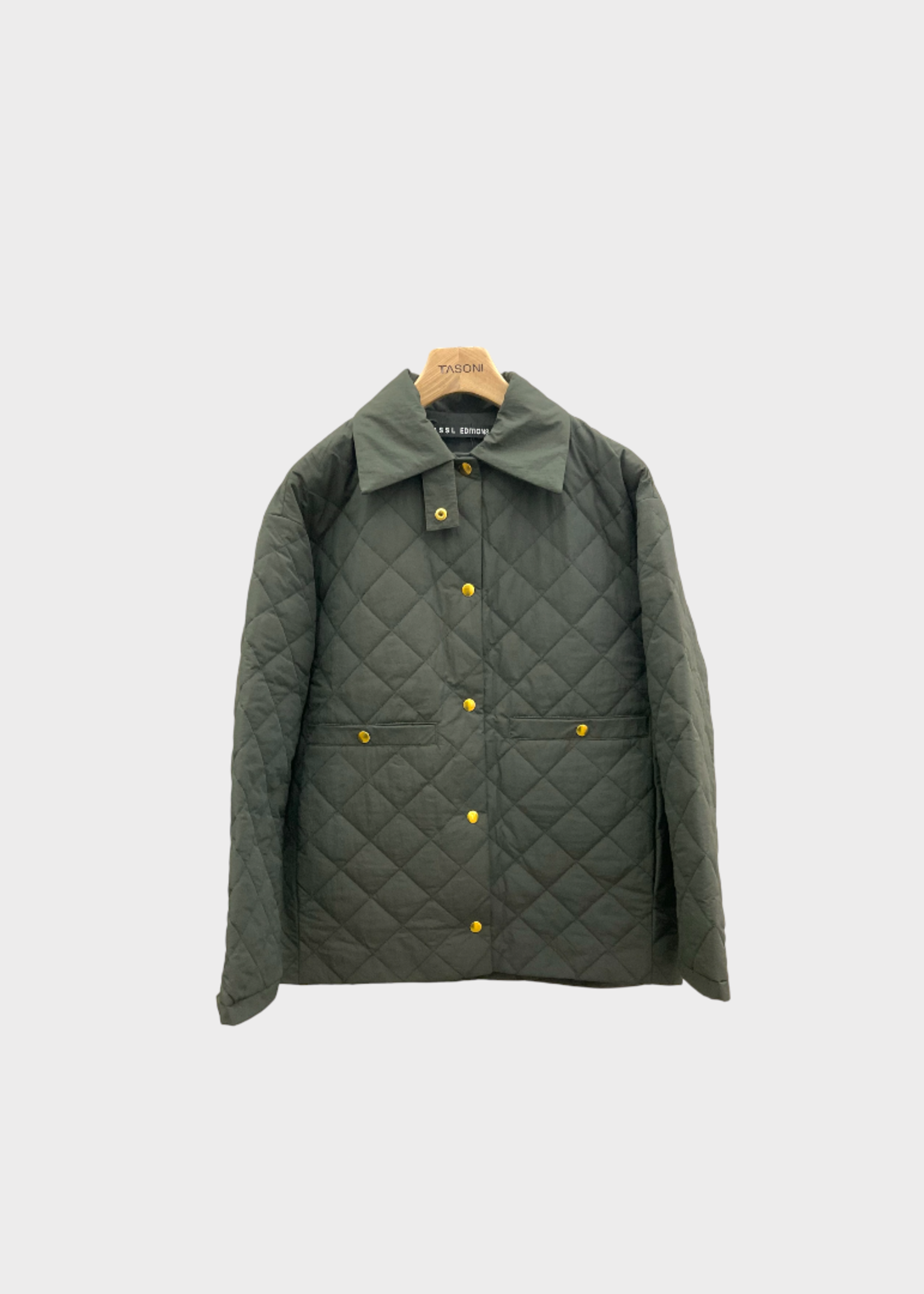 Kassl Kassl Jacket, Green, Collared Button Up Long Padded Taffeta Jacket In Dark Green w/ Pockets
