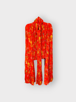 Balenciaga Balenciaga Shirt, Print, Scarf Neck Exadurated Long Sleeves Pleated Blouse in Red w/ Flower Print & Shoulder Pads