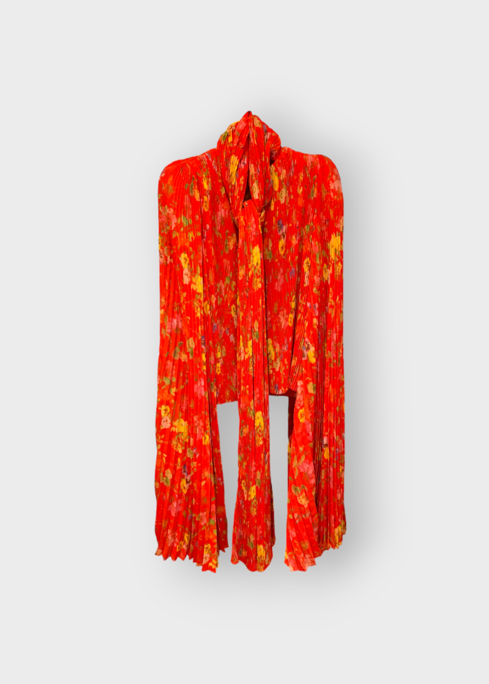 Balenciaga Balenciaga Shirt, Print, Scarf Neck Exadurated Long Sleeves Pleated Blouse in Red w/ Flower Print & Shoulder Pads