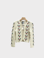 Michaela Buerger Michaela Buerger Knitwear, White, Cardigan, Elsa Wool Crew Neck Knitted Cardigan in Cream White w/ Flowers Embroidery