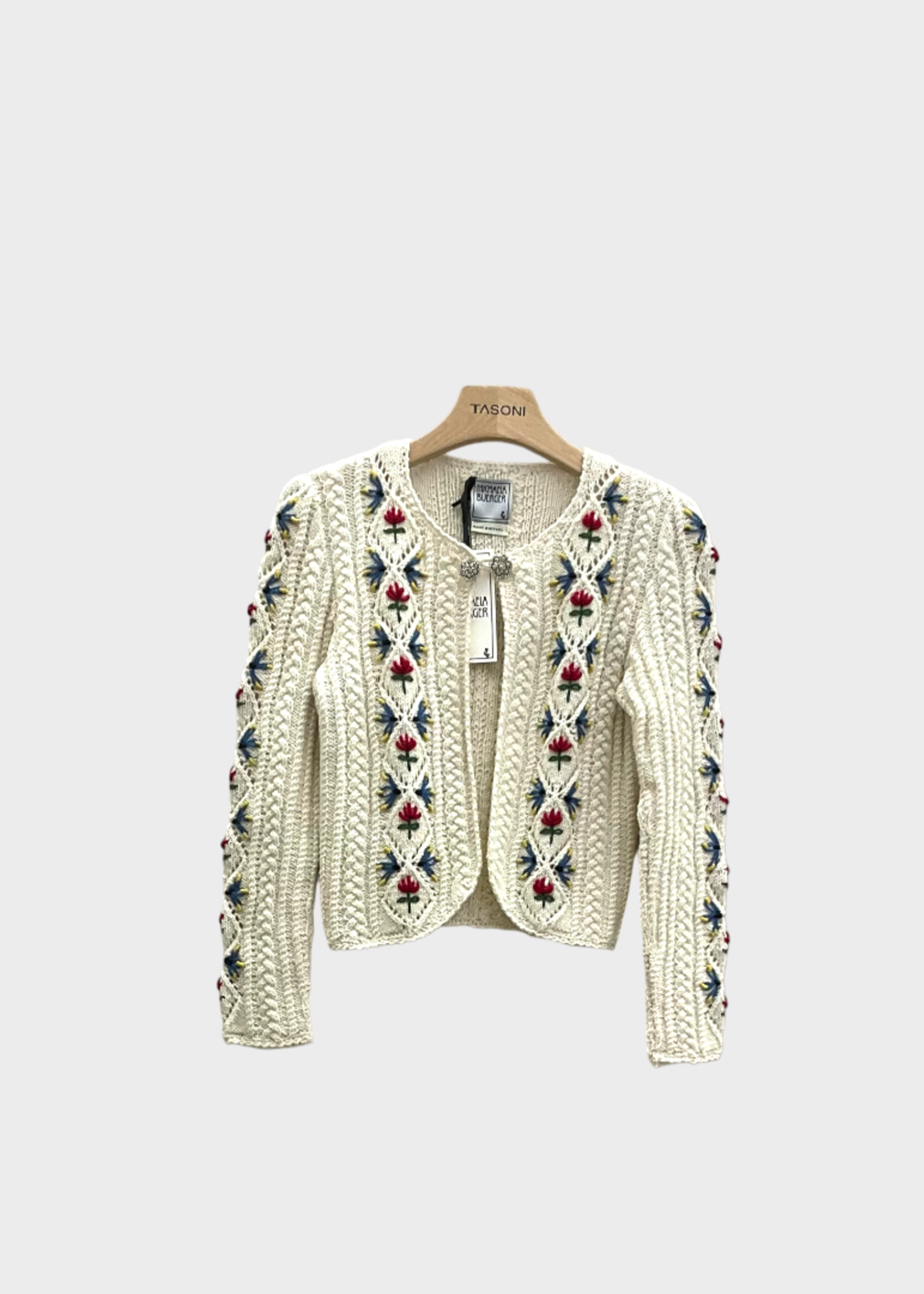 Michaela Buerger Michaela Buerger Knitwear, White, Cardigan, Elsa Wool Crew Neck Knitted Cardigan in Cream White w/ Flowers Embroidery