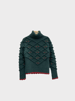 Michaela Buerger Michaela Buerger Knitwear, Green, Peppi Wool Turtle Neck Knitted Jumper In Dark Green w/ Cherries Embroidery