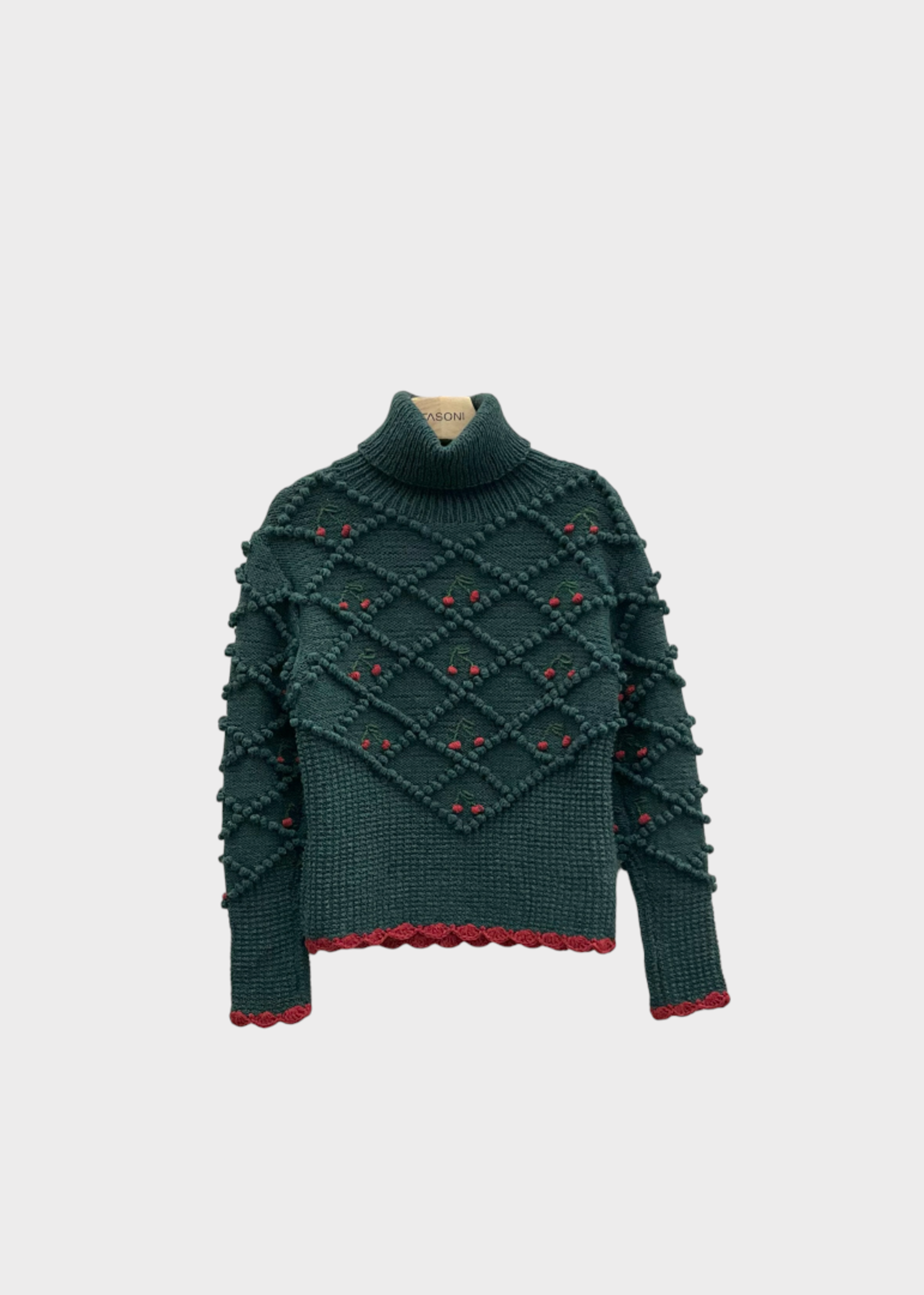 Michaela Buerger Michaela Buerger Knitwear, Green, Peppi Wool Turtle Neck Knitted Jumper In Dark Green w/ Cherries Embroidery