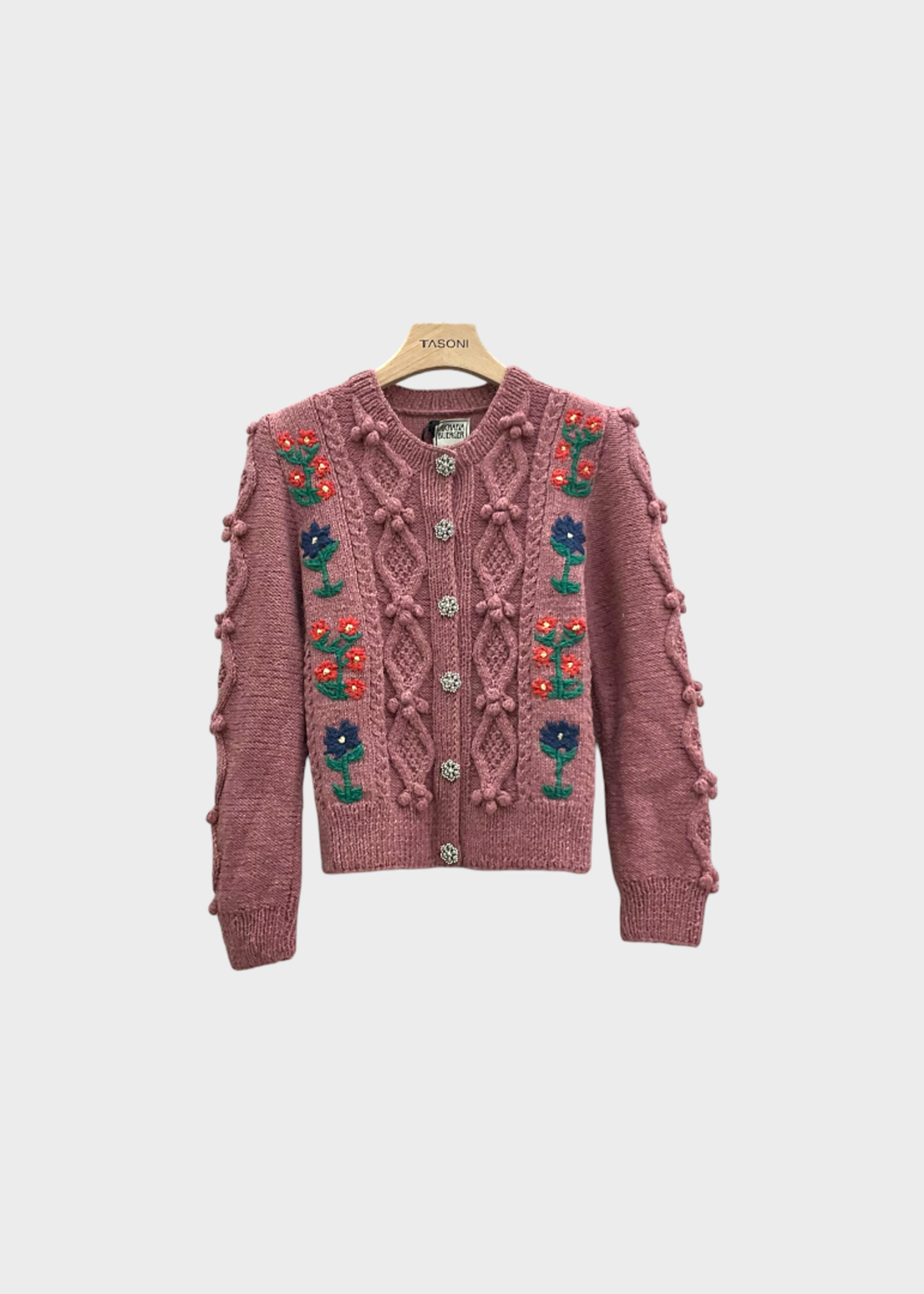 Michaela Buerger Michaela Buerger Knitwear, Pink, Thea Wool Crew Neck Button Up Cardigan in Vintage Pink w/ Flowers Embroidery