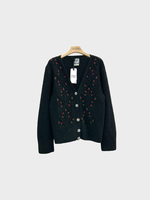 Michaela Buerger Michaela Buerger Knitwear, Black, Josefa Wool V-Neck Button Up Cardigan in Charcoal w/ Flowers Embroidery