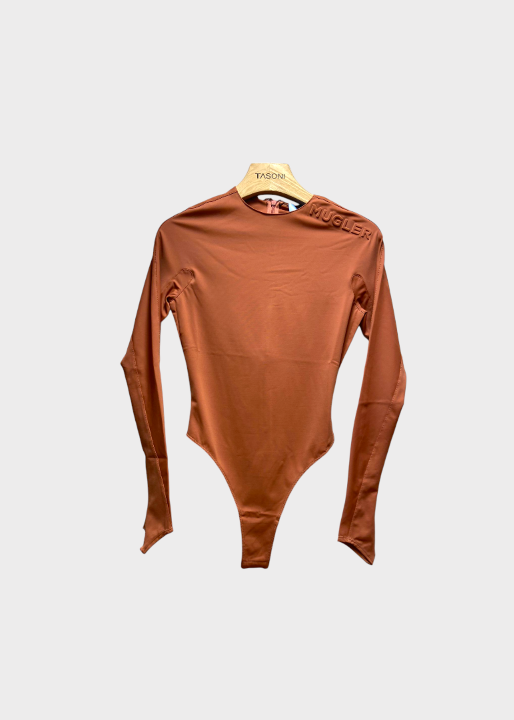 Mugler Mugler Top, Pink, Crew Neck Long Sleeve Bodysuit In Dark Blush w/ Embossed Logo