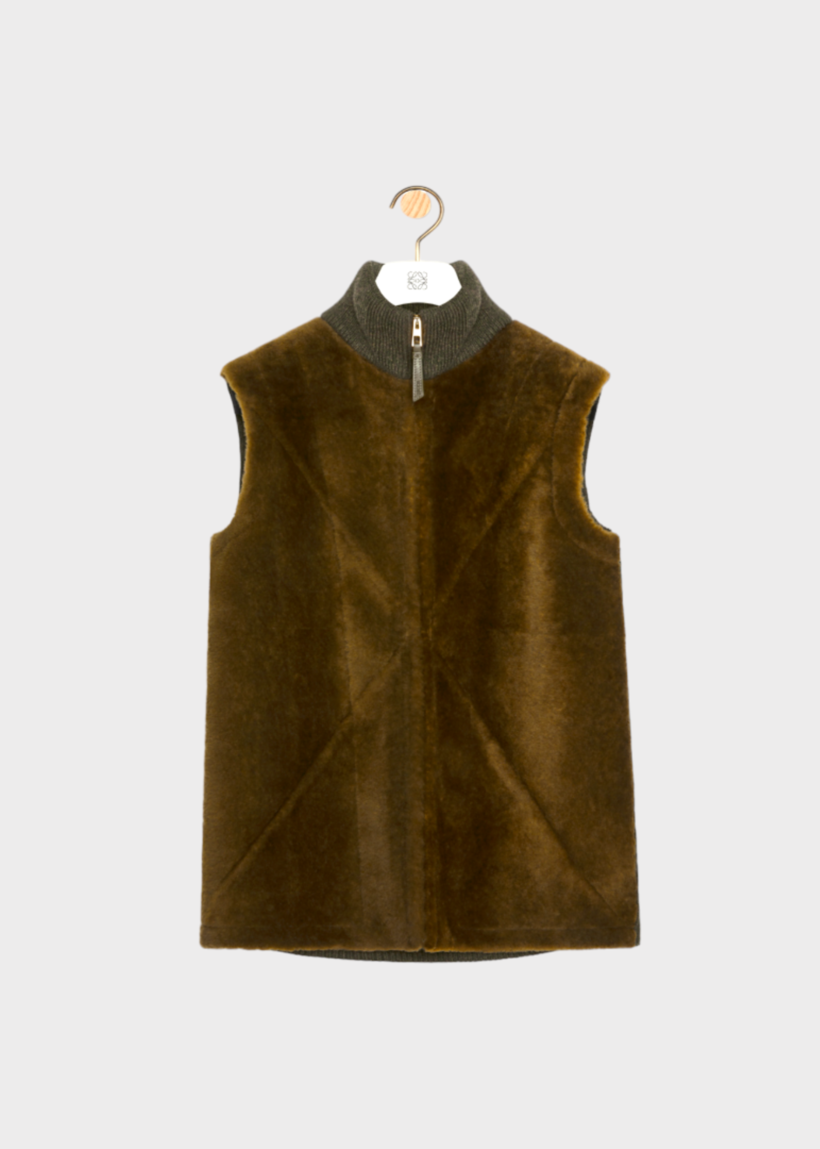 Loewe Loewe Jacket, Green, Puzzle Merino Shearling Collared Zipped Up Sleeveless Vest In Tea Dust Glaze
