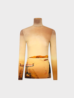 Rabanne Paco Rabanne Top, Print, Slim Fit Turtle Neck Long Sleeve Top in Beige w/ Dali Sun Table Print