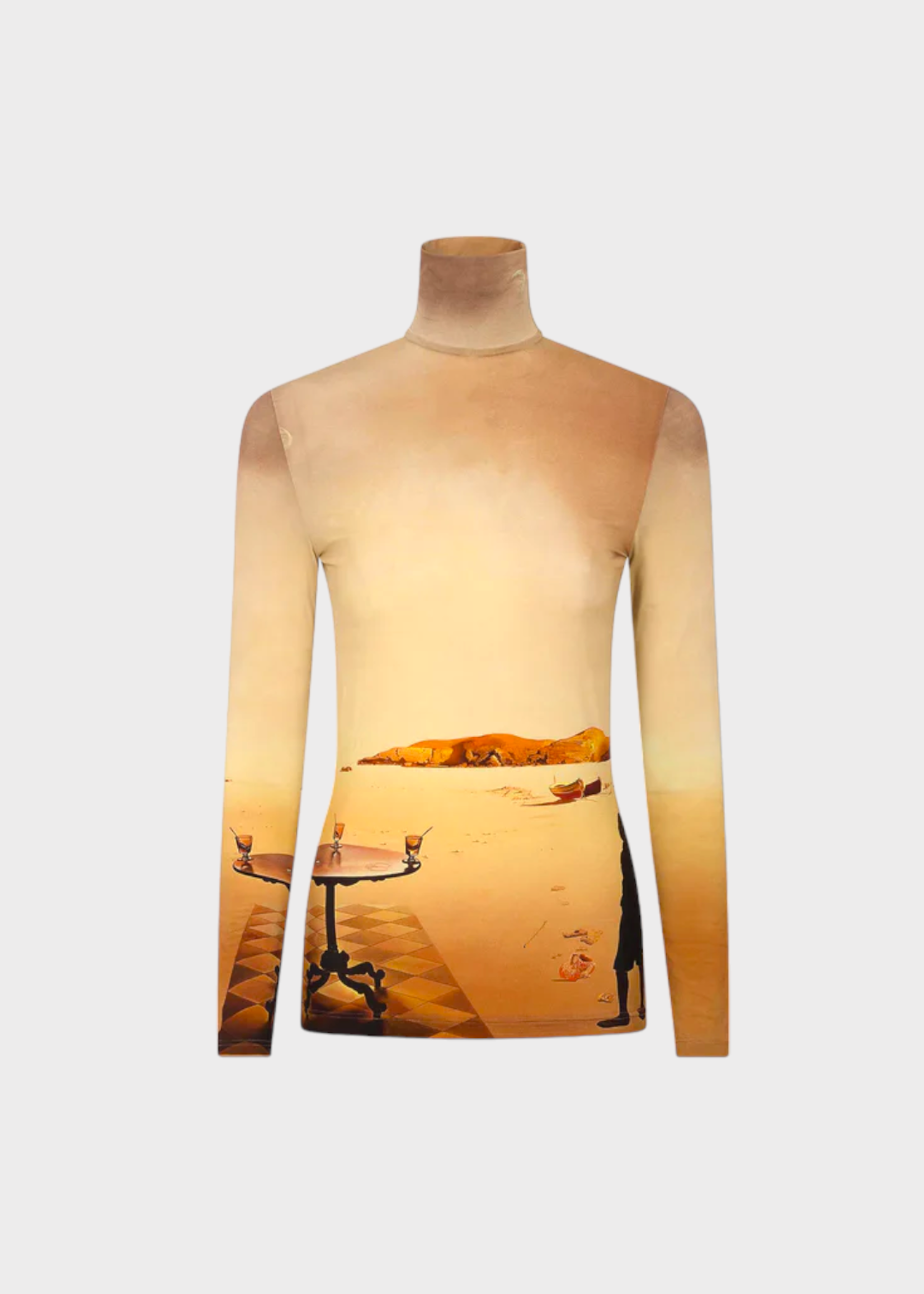 Rabanne Paco Rabanne Top, Print, Slim Fit Turtle Neck Long Sleeve Top in Beige w/ Dali Sun Table Print