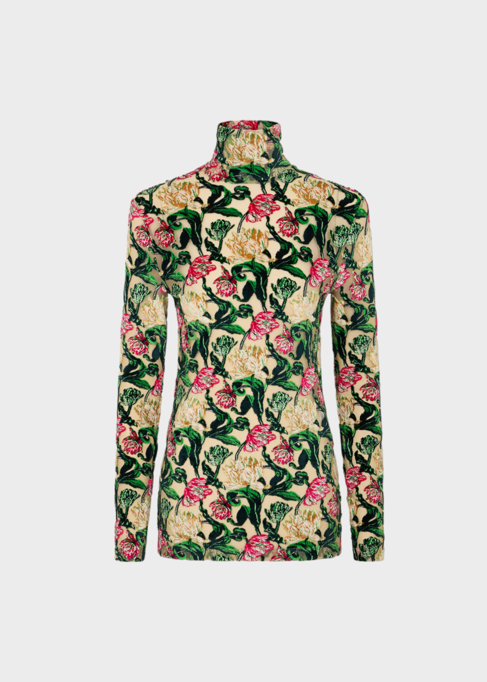 Rabanne Paco Rabanne Top, Multi, Slim Fit Turtle Neck Long Sleeve In Nude w/ Tulips