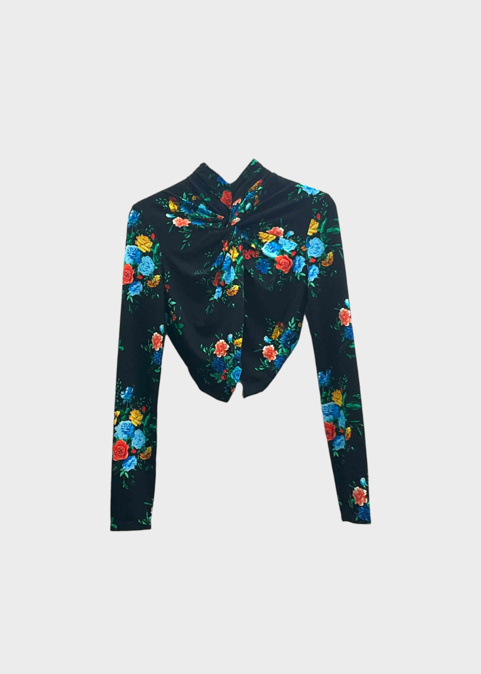 Rabanne Paco Rabanne Top, Print, High Neck Long Sleeves Cropped Top in Manton Black w/ Flower Print