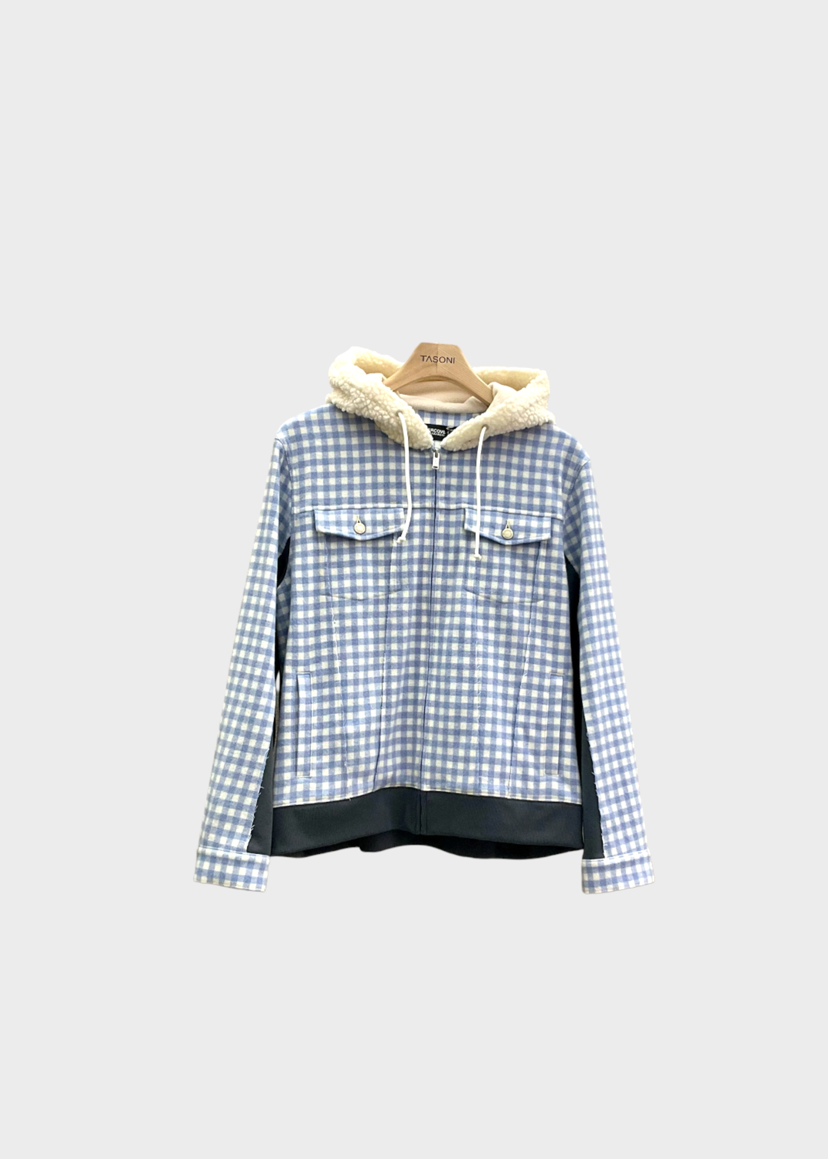Undercover Undercover Jacket, Print, Wool Mix Zipped Up Hooded Jacket in Light Blue w/ Checked Print & Beige Hoodie