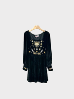 Muzungu Sisters Muzungu Sisters Dress, Black, Anna Velvet Square Neck Long Sleeve Mini Dress in Black w/ Moon & Evil Eye Embroidery