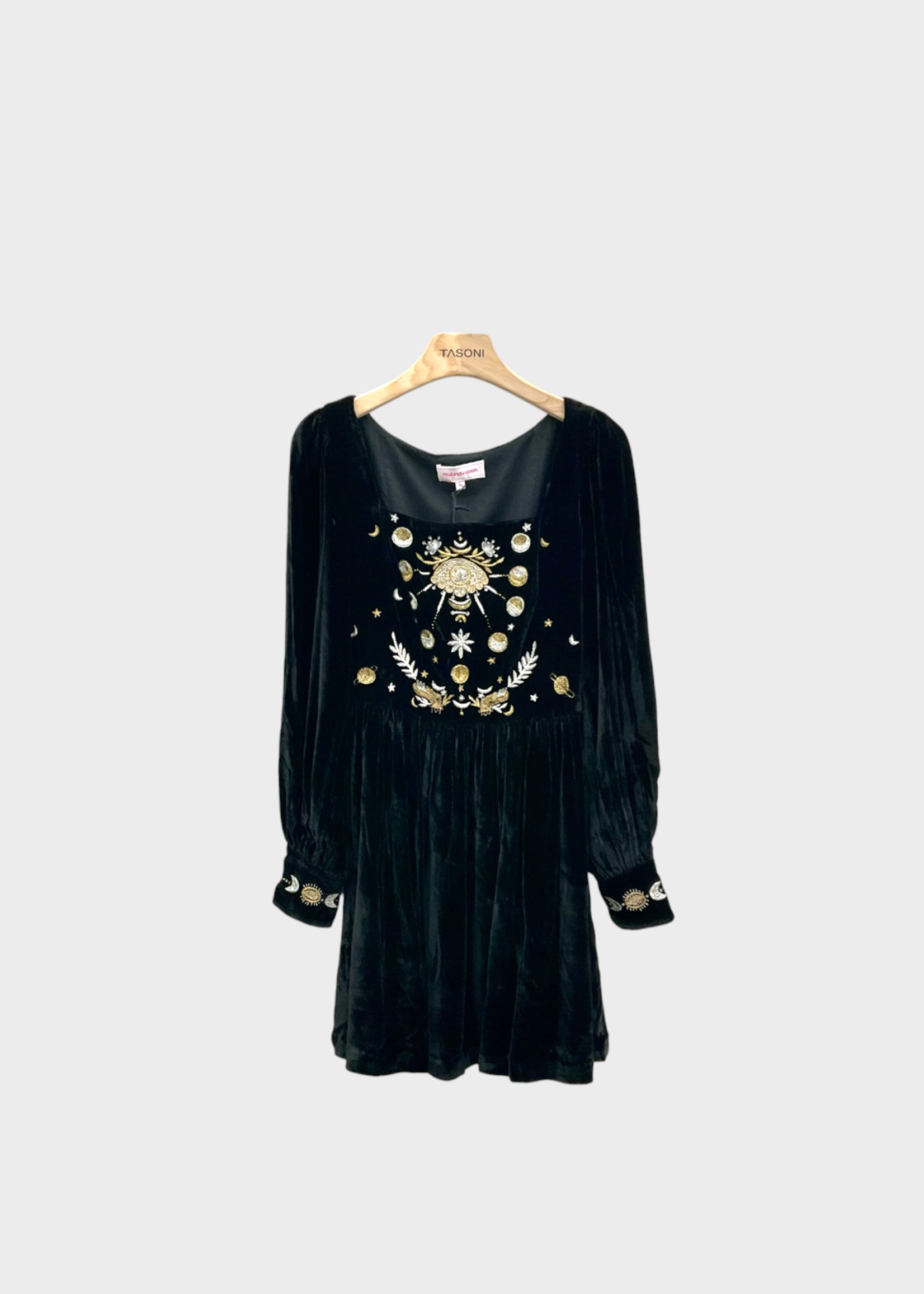 Muzungu Sisters Muzungu Sisters Dress, Black, Anna Velvet Square Neck Long Sleeve Mini Dress in Black w/ Moon & Evil Eye Embroidery