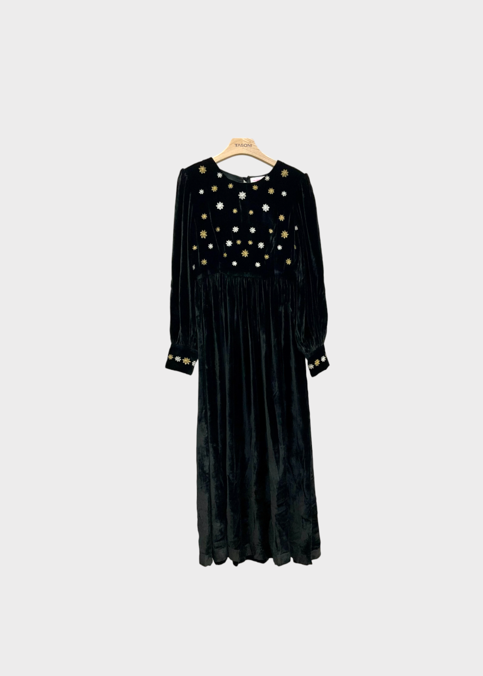 Muzungu Sisters Muzungu Sisters Dress, Multi, Emma Silk & Velvet Crew Neck Long Sleeve Midi Dress In Black w/ Stars Embroidery
