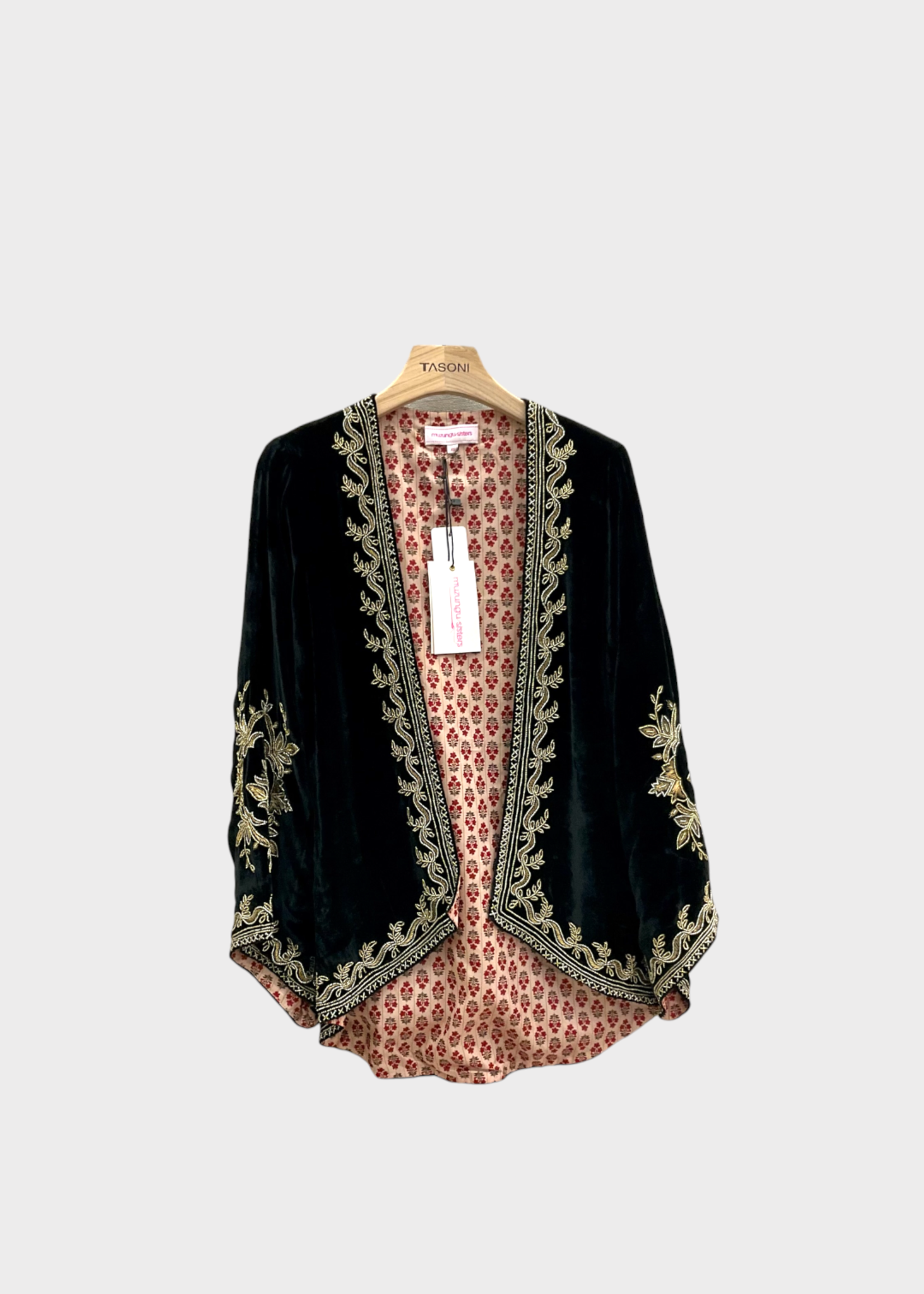 Muzungu Sisters Muzungu Sisters Jacket, Black, Anouk Silk & Velvet in Black w/ Gold & Silver Embroidery