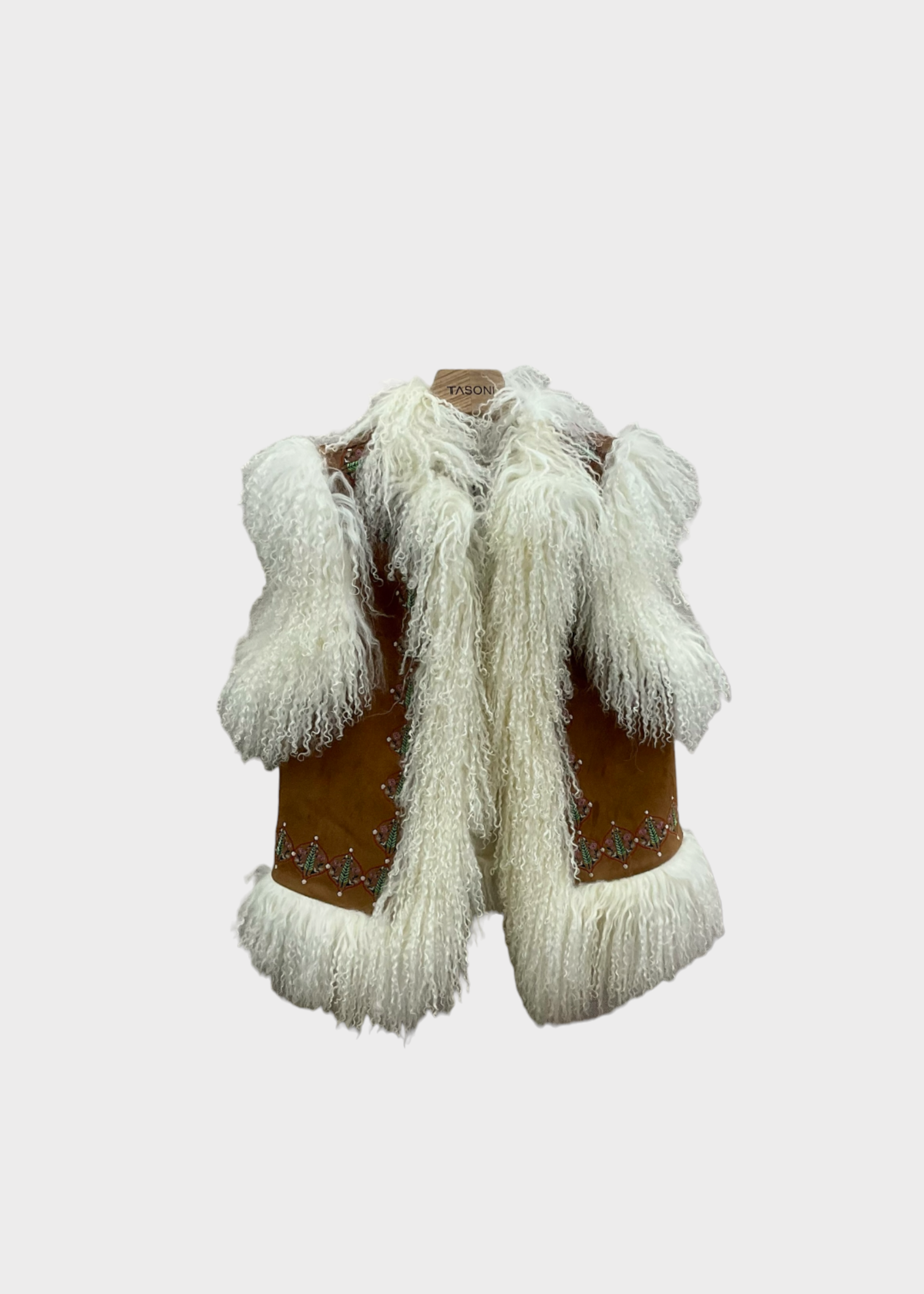 Muzungu Sisters Muzungu Sisters Jacket, Brown, Bibi Suede Leather Crew Ncek Gilet In Brown w/ Mongolian Fur & Embroidery