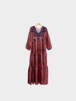 Muzungu Sisters Muzungu Sisters Dress, Multi, Frangipani Silk V-Neck Long Dress In Red Hamadan w/ Navy Embroidery