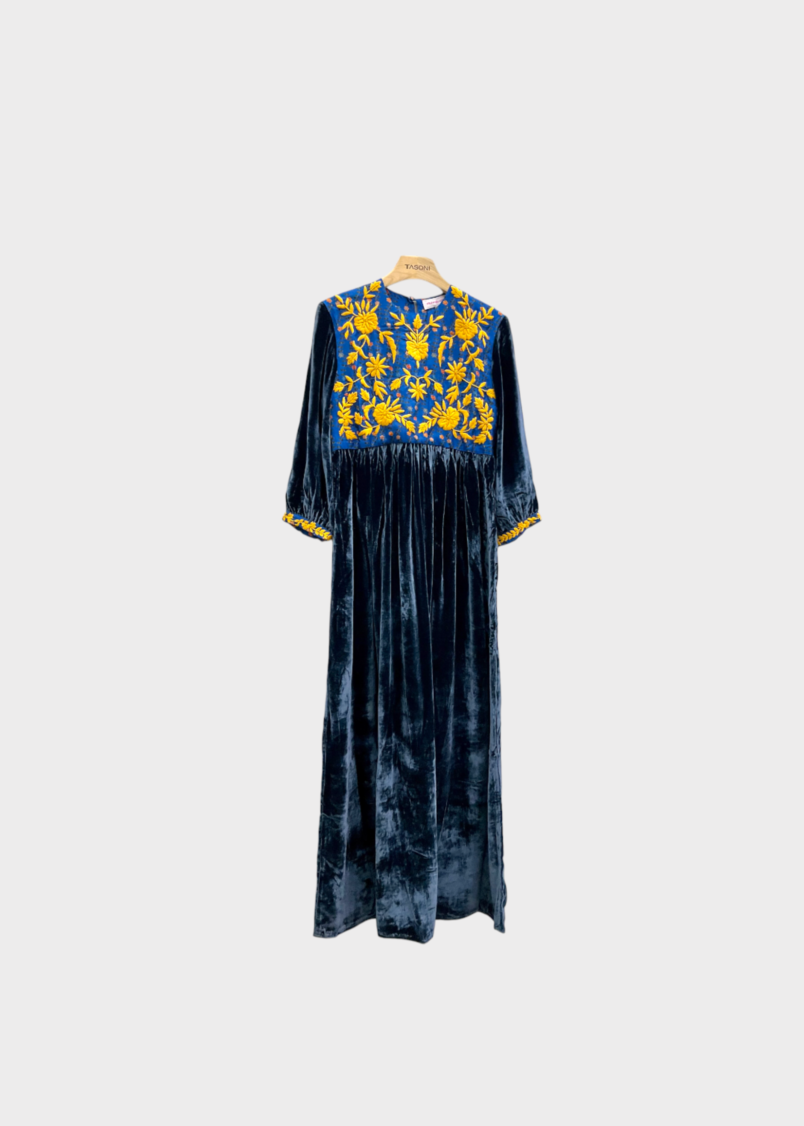 Muzungu Sisters Muzungu Sisters Dress, Multi, Touba Silk Twill & Velvet Crew Neck Long Dress In Alpine Song & Navy w/ Mustard Embroidery