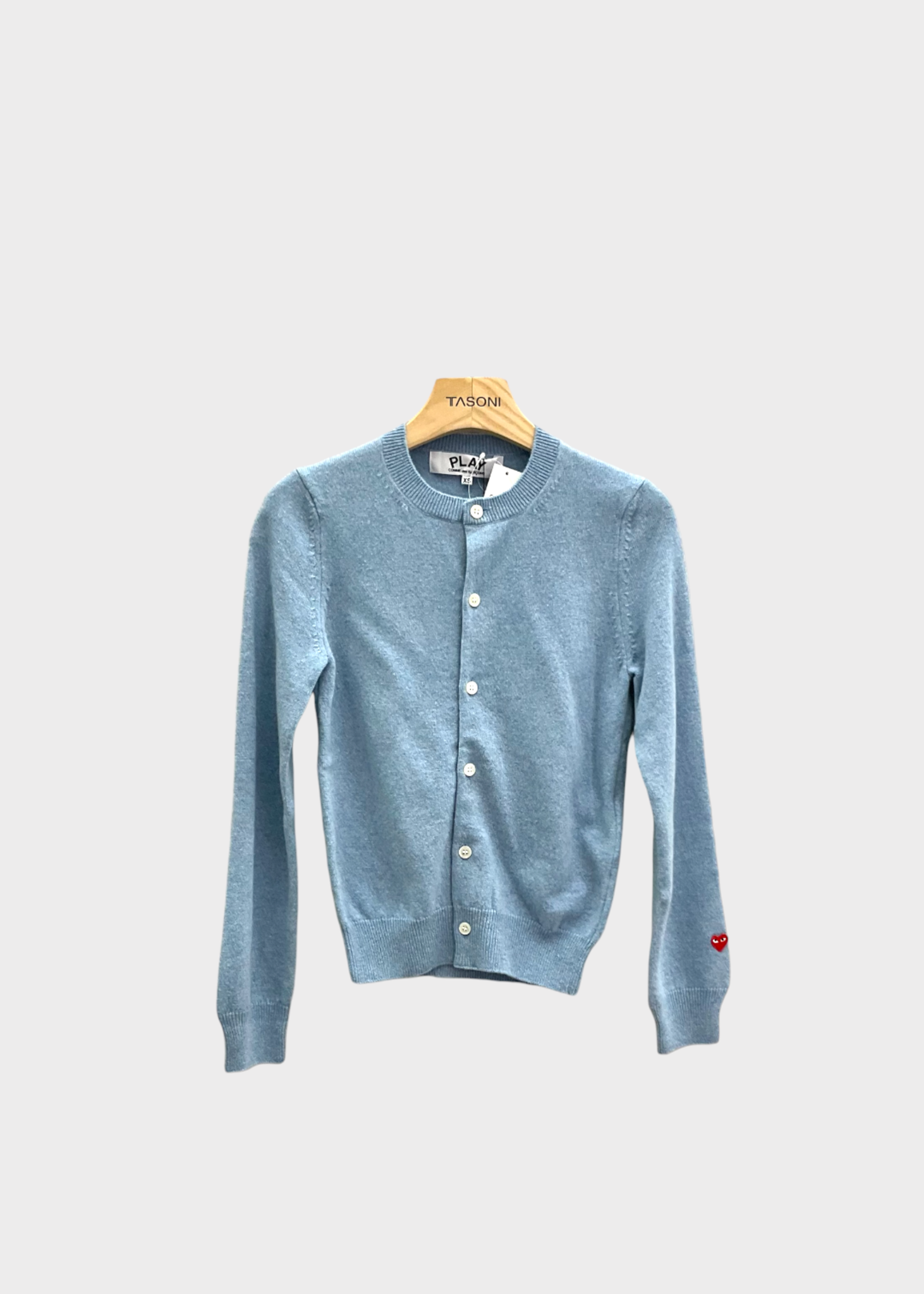 Comme des Garcons Play Comme des Garcons Play Knitwear, Blue, Wool Ladies Crew Neck Button Up Cardigan in Light Blue