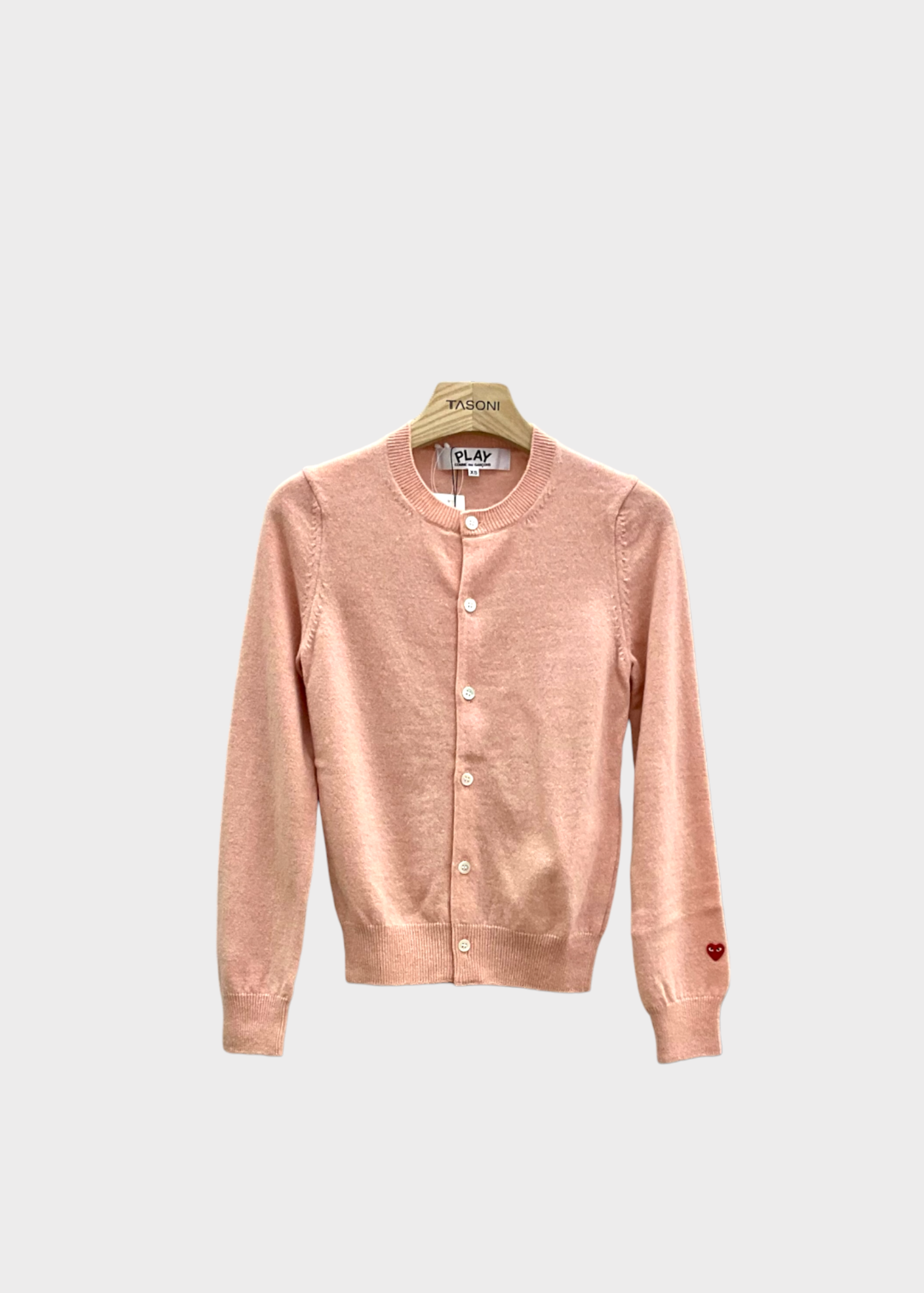 Comme des Garcons Play Comme des Garcons Knitwear, Pink, Wool Ladies Crew Neck Button Up Cardigan in Light Pink