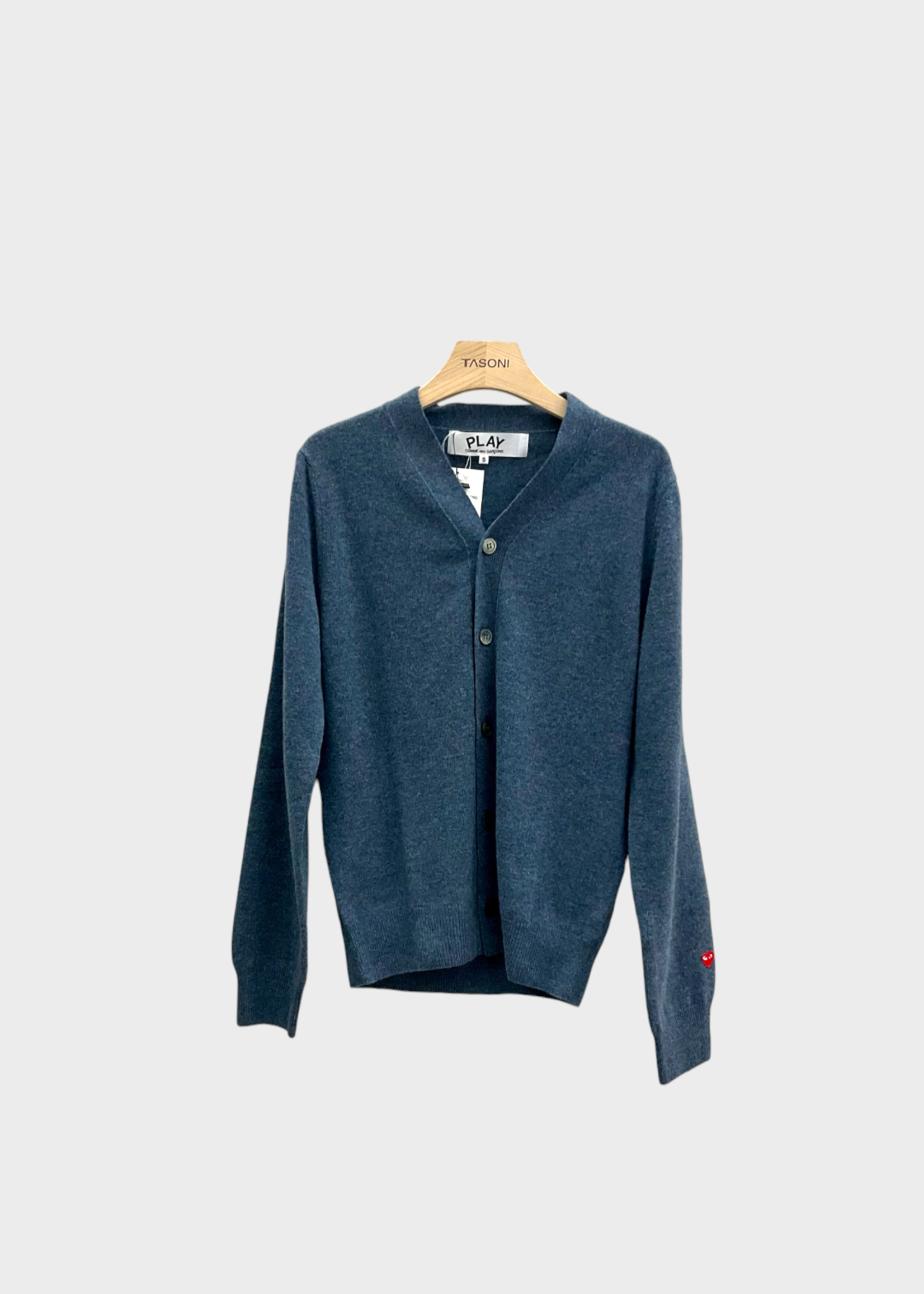 Comme des Garcons Play Comme des Garcons Play Knitwear, Blue, Wool Men's V-Neck Button Up Cardigan in Navy