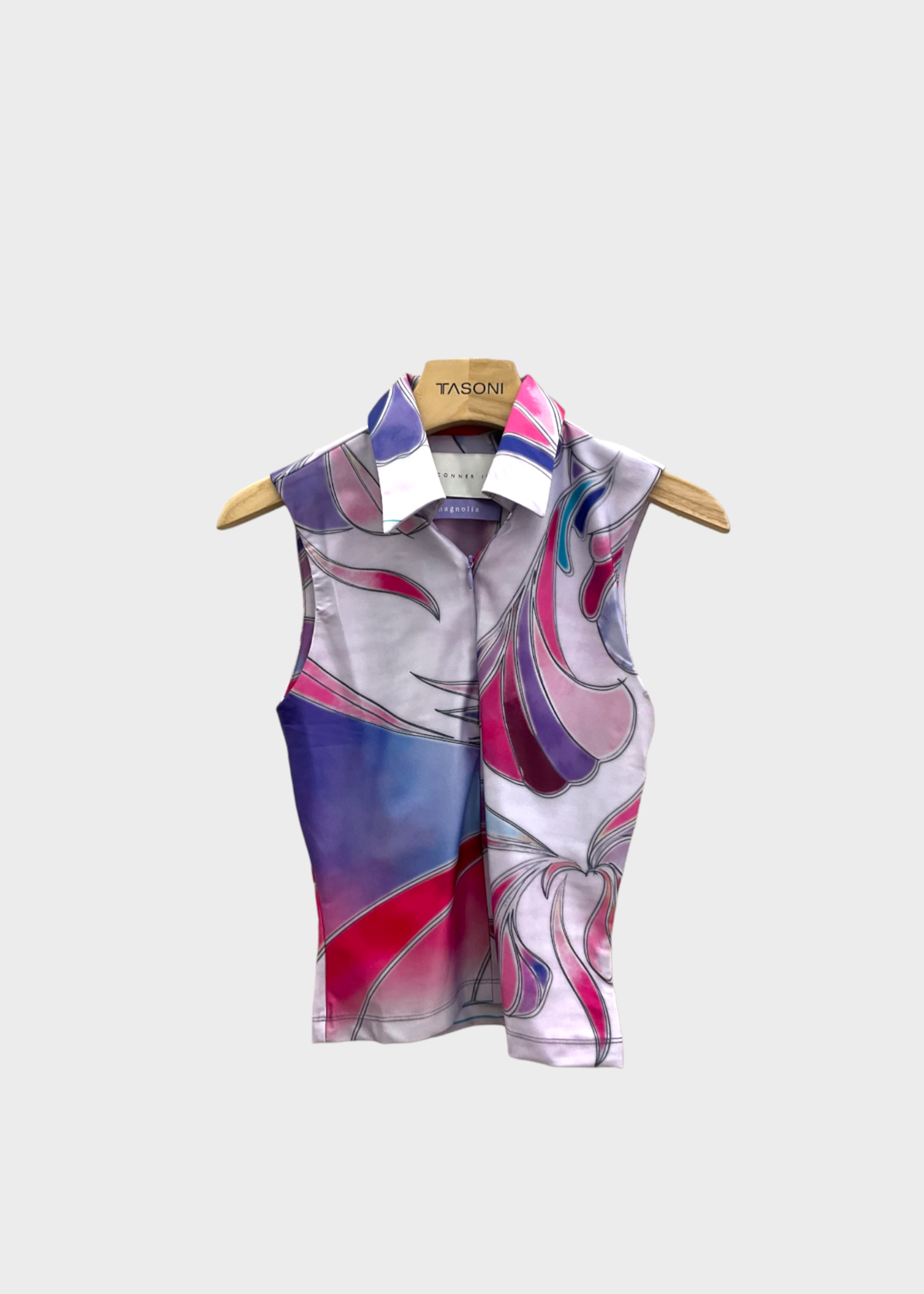 Conner Ives Conner Ives Top, Print, Spandex Collared Slim Fit Zip Up Vest In Purple Swirl Print