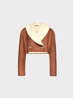Magda Butrym Magda Butrym Jacket, Multi, Leather & Shearling Collared Double Breasted Cropped Jacket in Beige & White