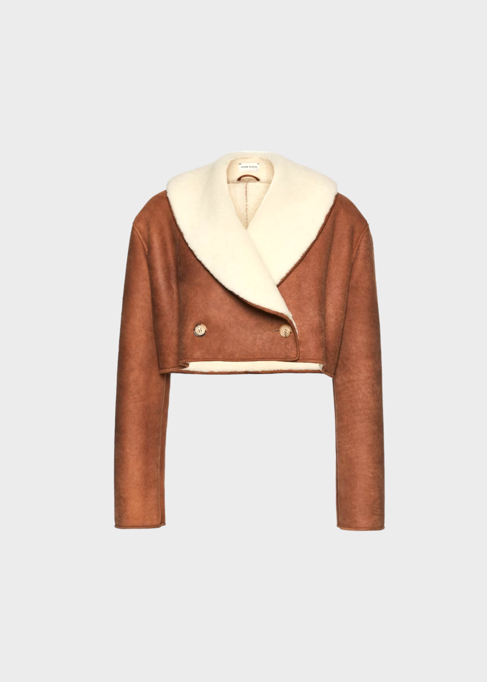 Magda Butrym Magda Butrym Jacket, Multi, Leather & Shearling Collared Double Breasted Cropped Jacket in Beige & White