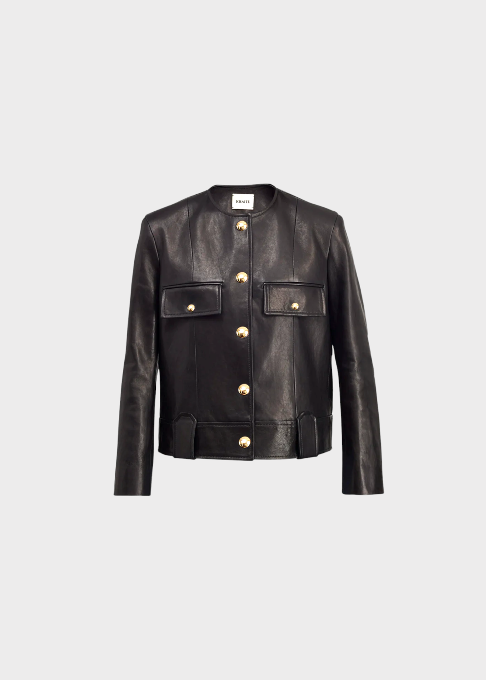 Khaite Khaite Jacket, Black, Laybin Lamb Leather Crew Neck Button Up Cropped Jacket w/ Flap Pockets